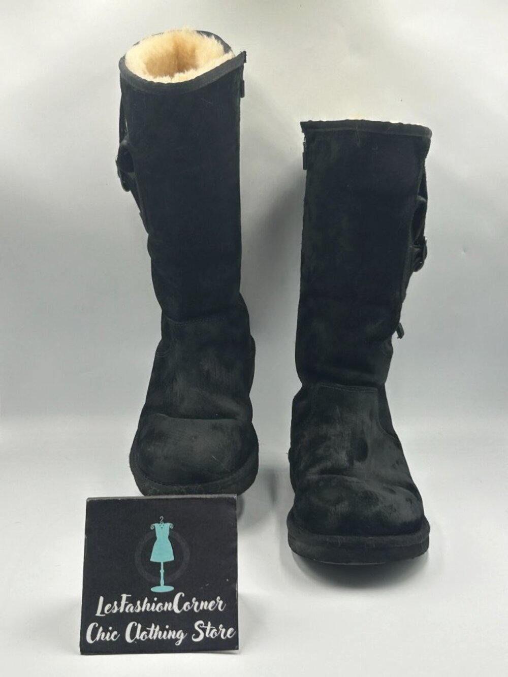 Ugg Australia Women Black Suede Sheepskin 1895 Retro Cargo Tall Boots Sz 10 4015